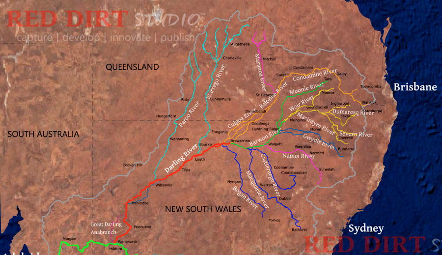 A Google Map showing the tributaries or the Murray and Darling river basins, Australia