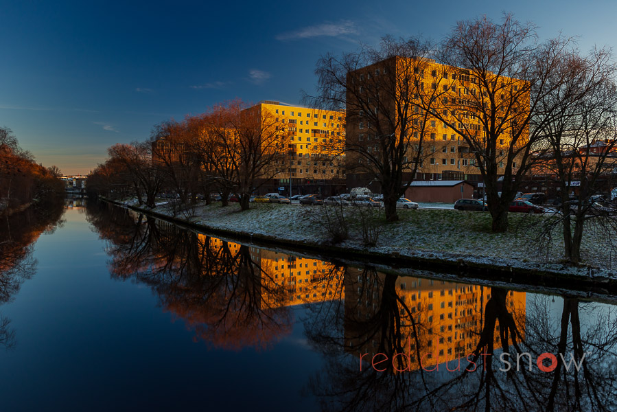 Buildings along the Selånger River illuminated with the wonderful early-winter sun. Sundsvall, Sweden