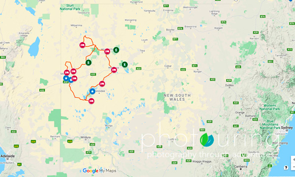 Touring Map of the Watershed Loop, connecting the Darling River to the Corner Country, Outback NSW, Australia