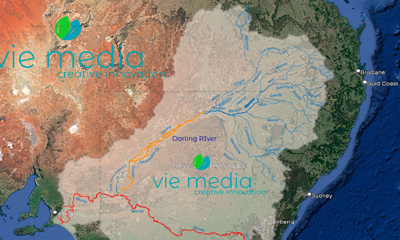 Map of the Darling River Basin and all the tributaries of the Darling River. Australia