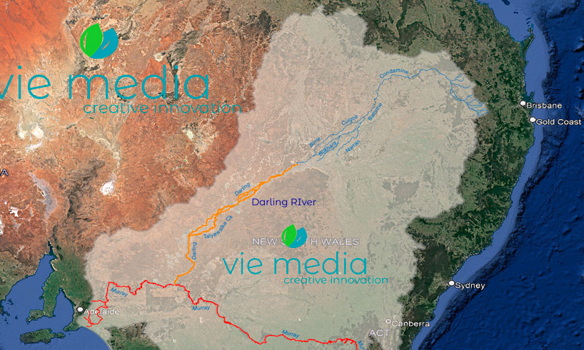 A graphic of a map showing the Condamine River as part of the Darling River Basin, Australia
