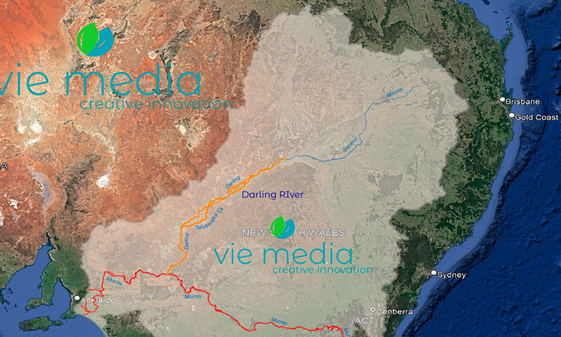 A graphic of a map showing the Moonie River as part of the Darling River Basin, Australia