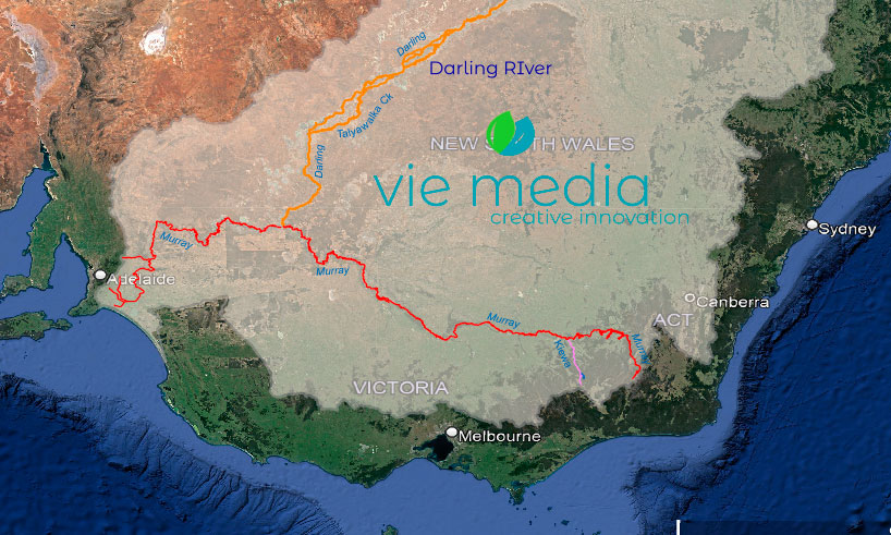 A graphic of a map showing the Kiewa River as part of the Murray Darling Basin, Australia 