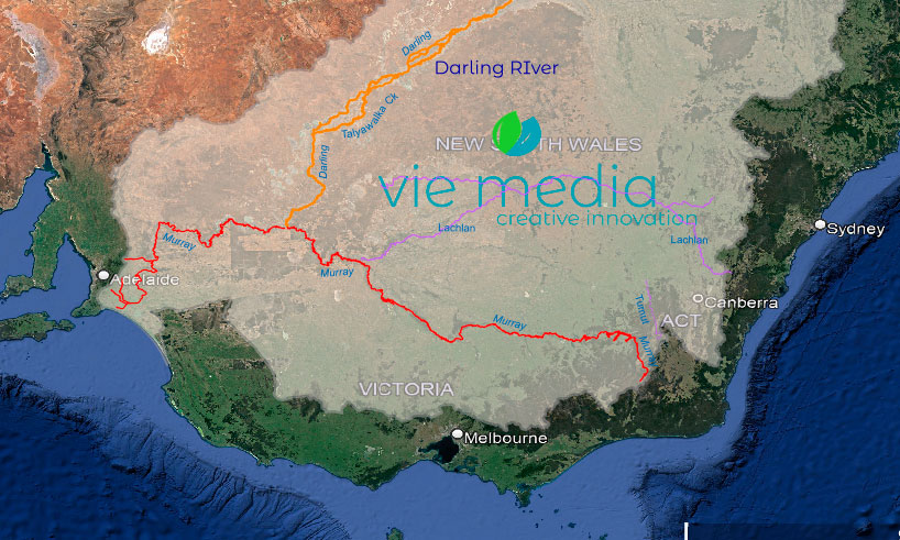 A graphic of a map showing the Lachlan River as part of the Murray Darling Basin, Australia 