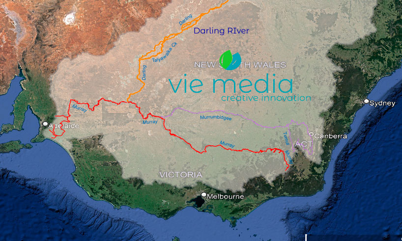 A graphic of a map showing the Murrumbidgee River as part of the Murray Darling Basin, Australia