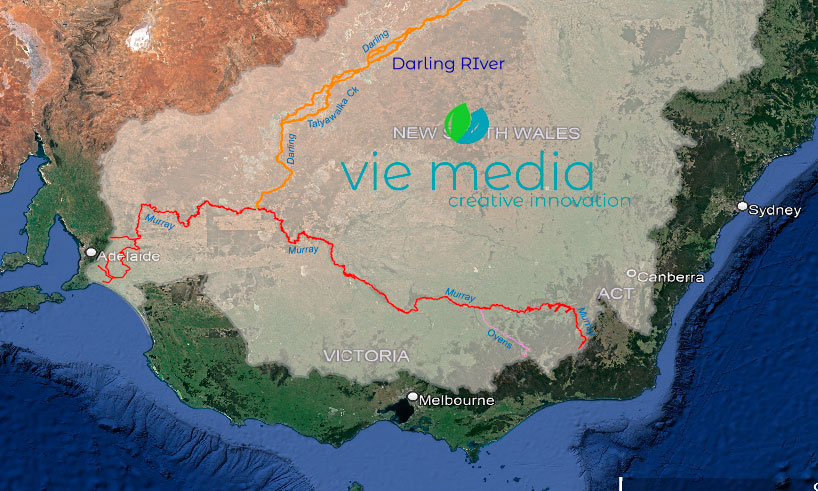 A graphic of a map showing the Ovens River as part of the Murray Darling Basin, Australia 