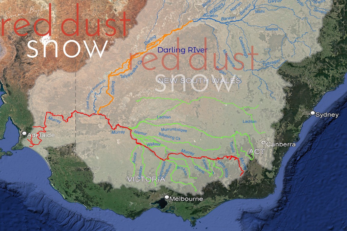 A map of the Murray-Darling Basin highlighting the two main waterways of south east Australia, the Murray and Darling rivers.