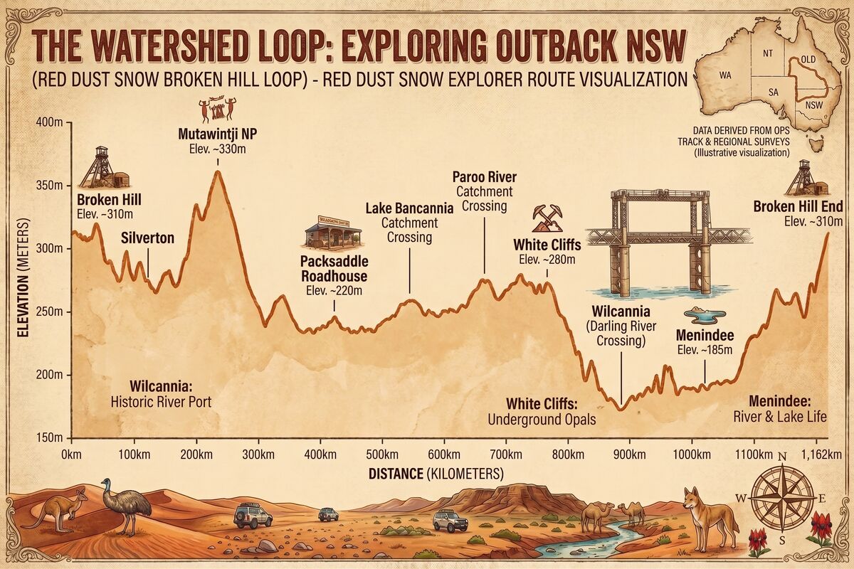 A detailed route elevation profile graphic for "The Watershed Loop" road trip, measuring elevation in meters against distance in kilometers up to 1,162km. Key landmarks along the route are visualised with icons and labeled: Broken Hill, Silverton, Mutawintji NP, Packsaddle Roadhouse, Lake Bancannia Crossing, Paroo River Catchment Crossing, White Cliffs, Wilcannia, and Menindee, showing their relative elevations. The graphic includes a stylized desert landscape with wildlife and 4WD vehicles below the profile.
