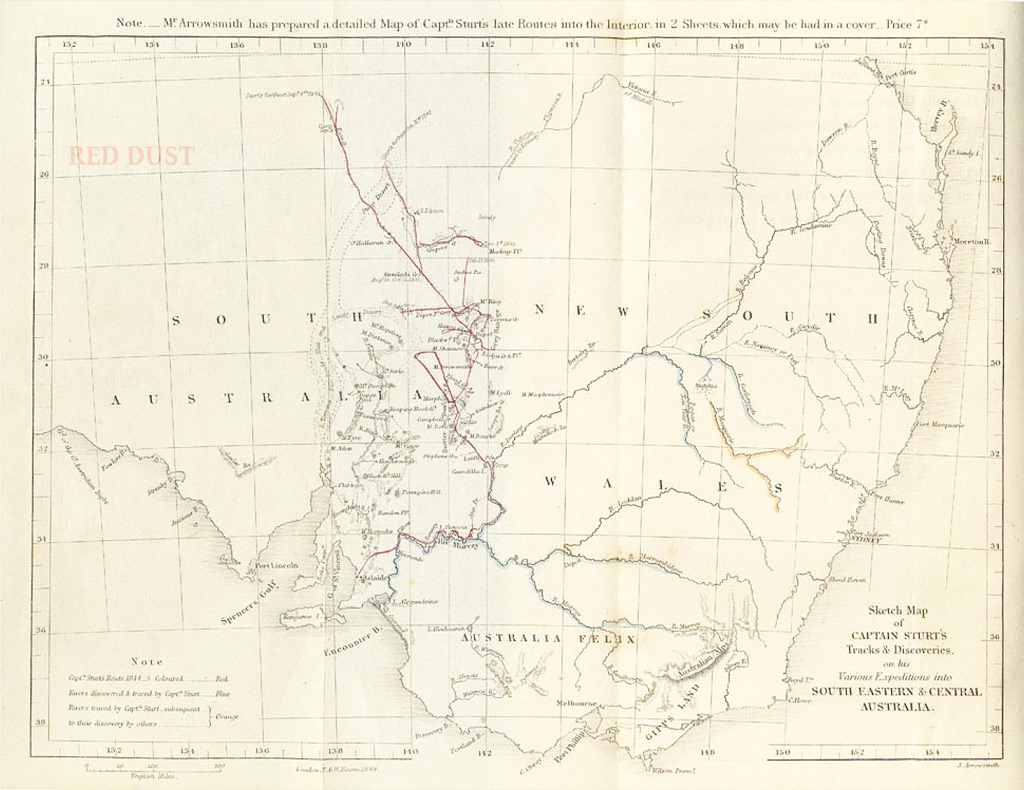 Charles Sturt's Inland Expedition, map of the route taken looking for the inland sea. 1844‐1845