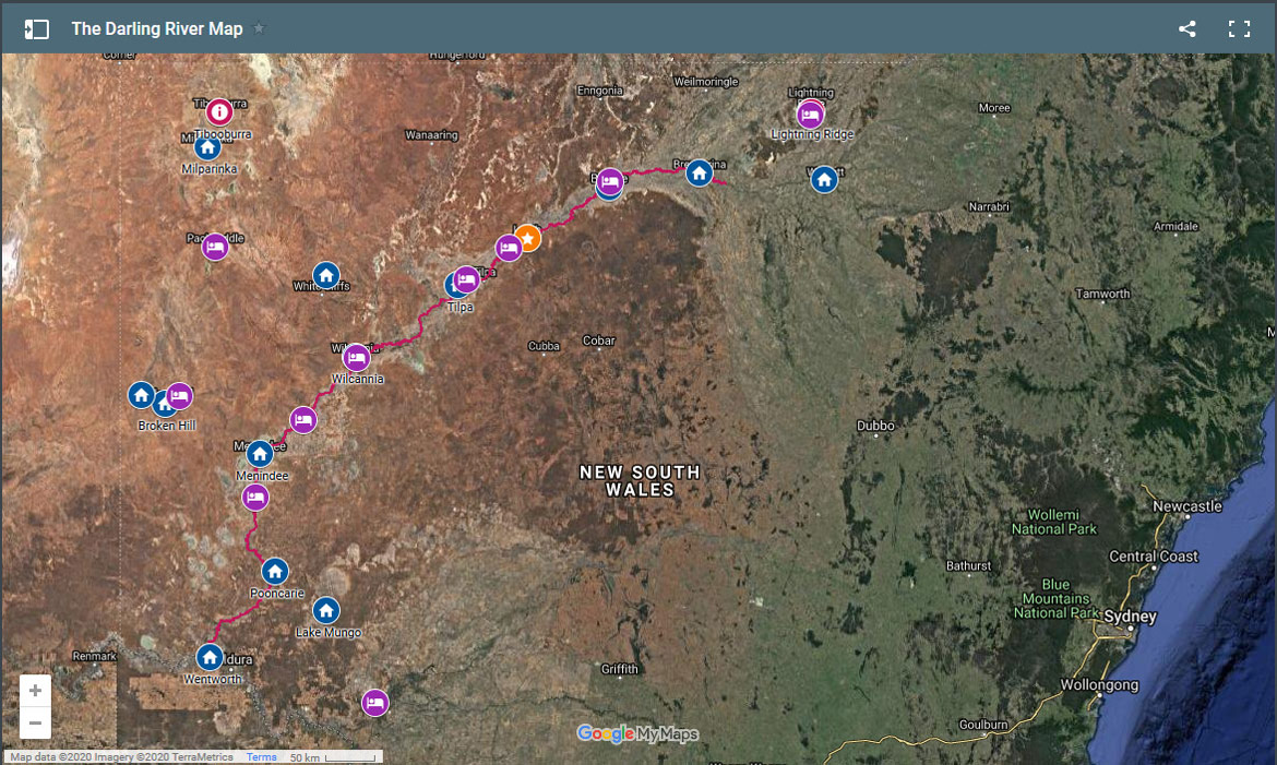 Map of the Darling River, Outback NSW, Australia